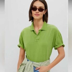Tuckernuck Lime Green Cotton Pique Short Sleeve Polo Shirt Womens Large L Boxy
